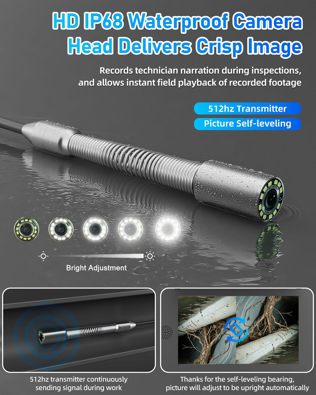 HD Kanalkamera mit Meterzahlangabe, Professionelle Rohrkamera 50m Kabel (7 mm Dickem) mit Selbstnive