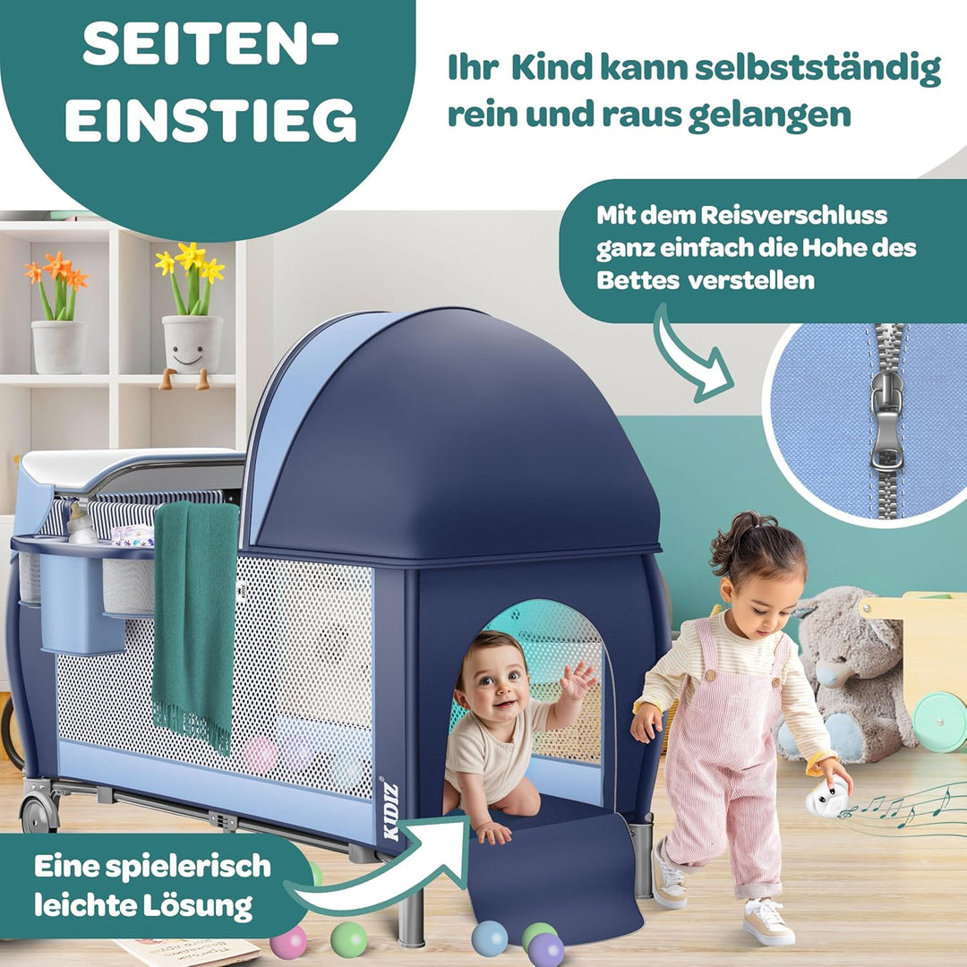 Kidiz® Babybett Reisebett Kinderreisebett klappbar mit Matratze & Räder 120x60, Seiteneingang, Wicke