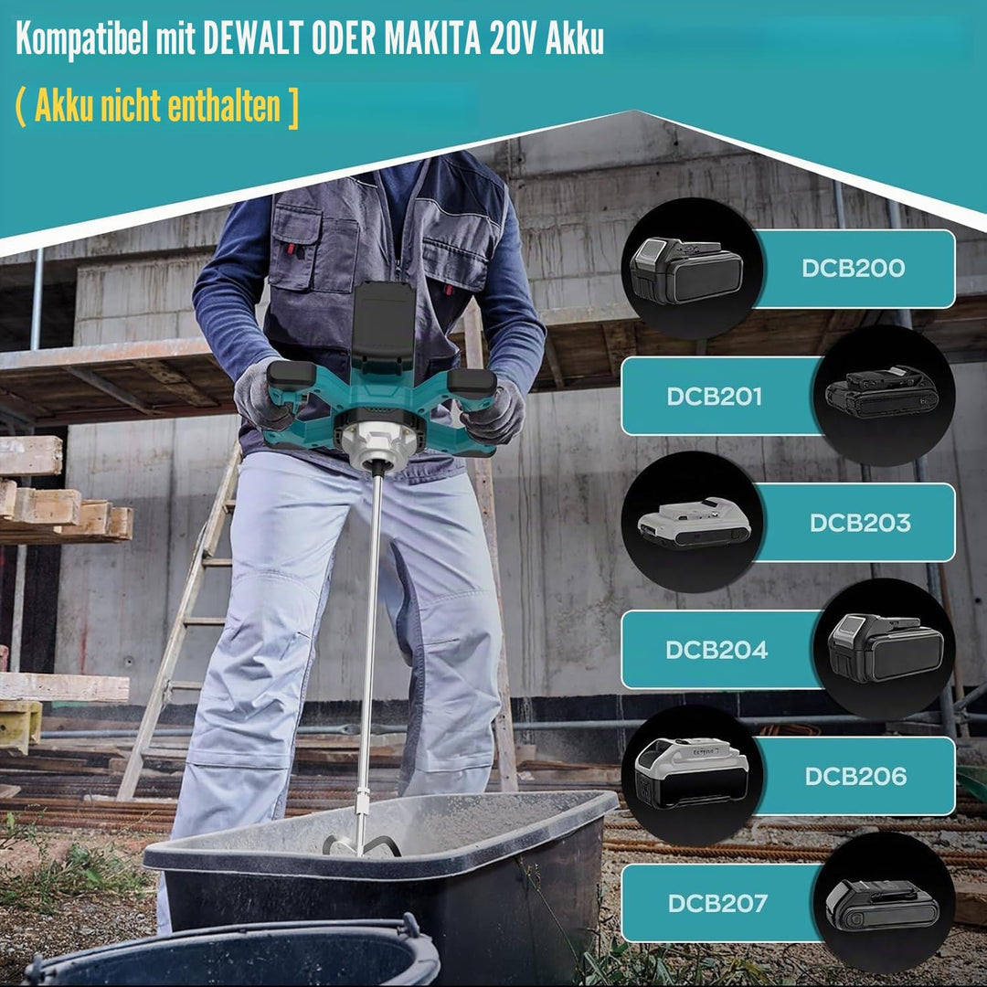 IMAYCC Mörtelrührer, Zementmischer ohne Kabel für MAKITA &amp; DEWALT Akkus, Tragbarer Betonmischer, 21V