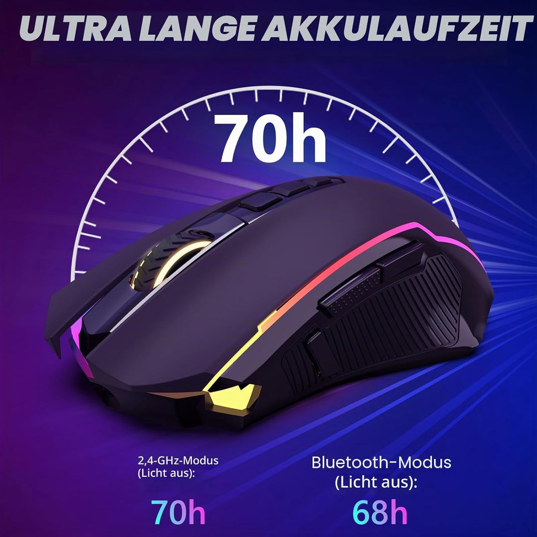 Redragon Gaming Maus Kabellose,RGB 2.4G/USB-C/Bluetooth Maus,Wiederaufladbare mit 9 Programmierbare