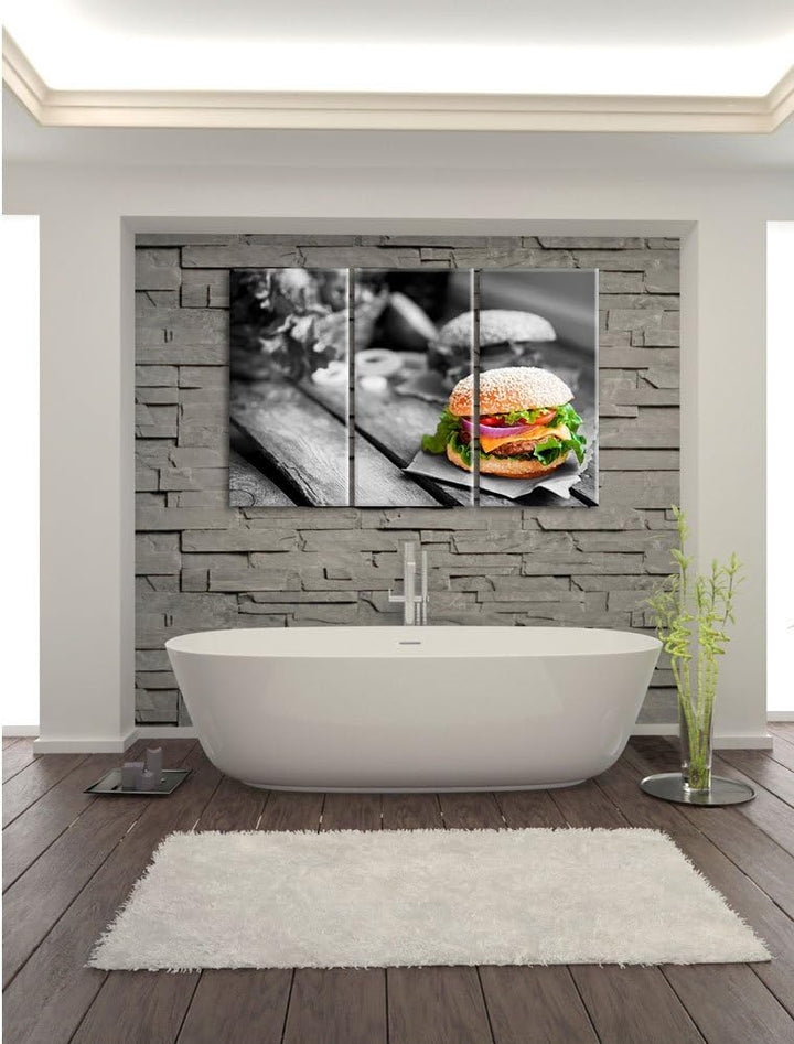 Pixxprint Leckere Burger als Leinwandbild | Grösse: 3 Teilig (120x80) | Wandbild| Kunstdruck | ferti