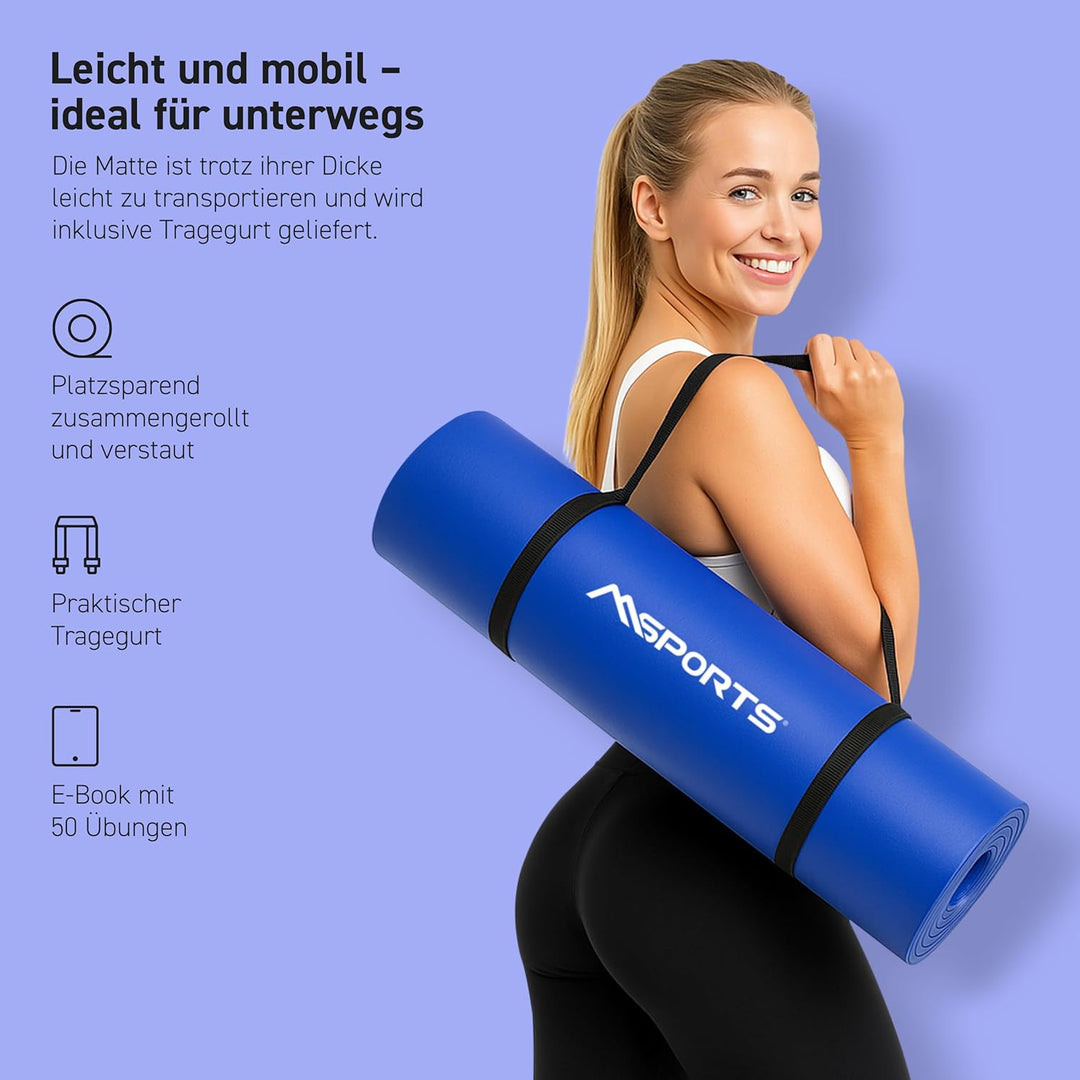 MSPORTS Gymnastikmatte Premium inkl. Tragegurt + Übungsposter + Workout App I Hautfreundliche Fitnes