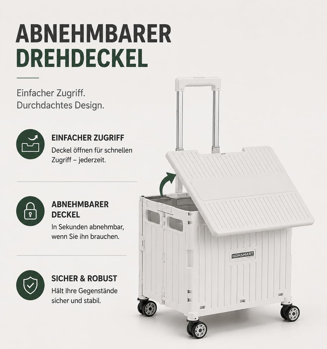 Faltbarer Einkaufstrolley 65L, Leichtgewicht 4,2 kg, mit Teleskopgriff, Klappbox auf Rollen für Eink