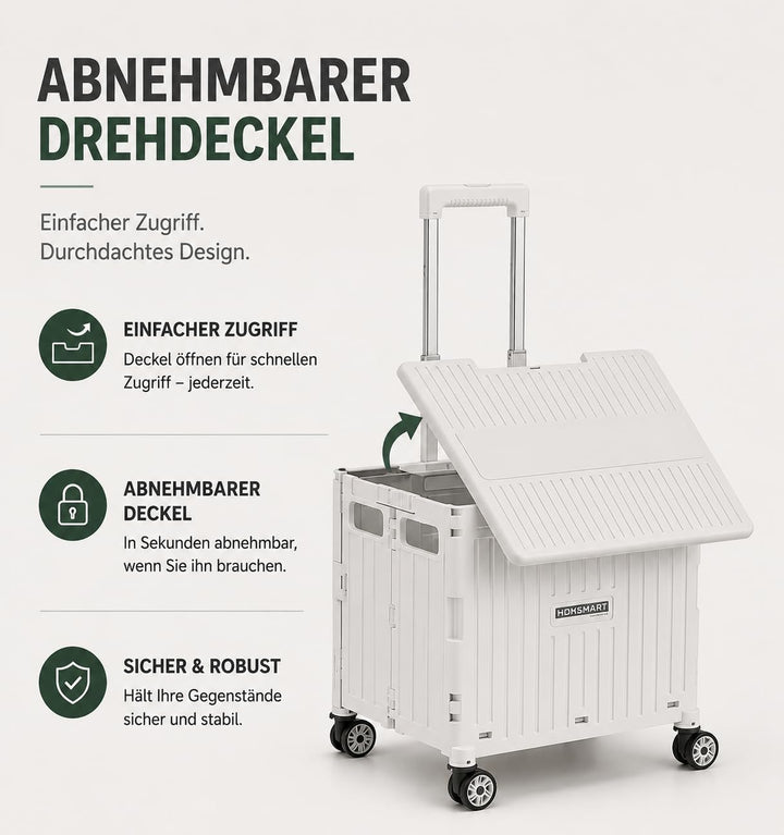 Faltbarer Einkaufstrolley 65L, Leichtgewicht 4,2 kg, mit Teleskopgriff, Klappbox auf Rollen für Eink