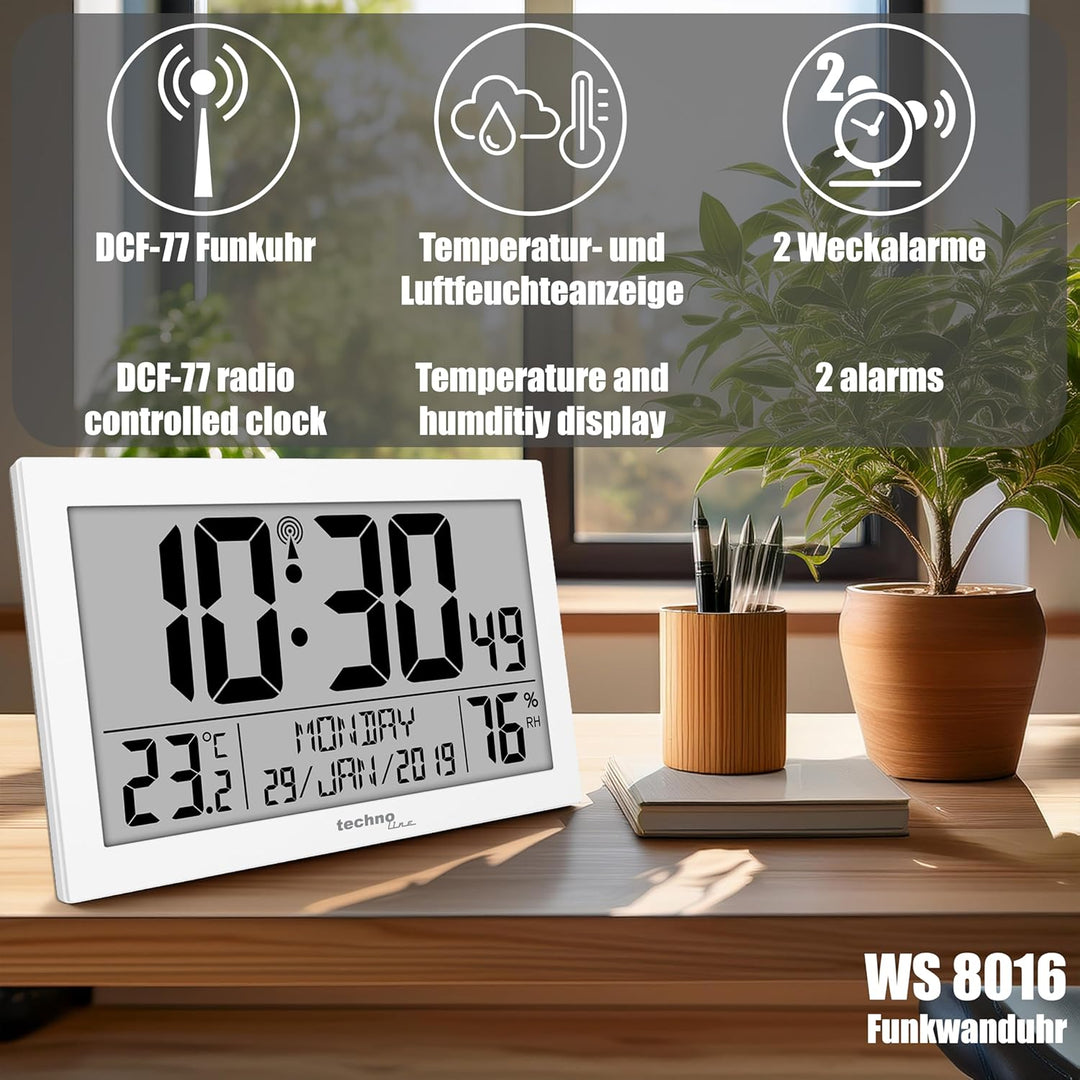 Technoline WS 8016 Moderne, Digitale Funk-Wand-Uhr mit Temperaturanzeige, Kuststoff, weiss, 225 x 14