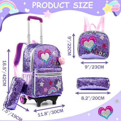 HTgroce Lila Liebe Trolley Rucksack mit Rollen, Federmäppchen, Lunch Tasche 3 in 1 Pailletten Rollin