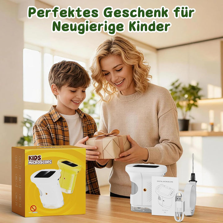 Tragbares Mikroskop für Kinder, 1000x Digitales Handmikroskop Kinder mit 2,4 Zoll IPS Bildschirm, Fo