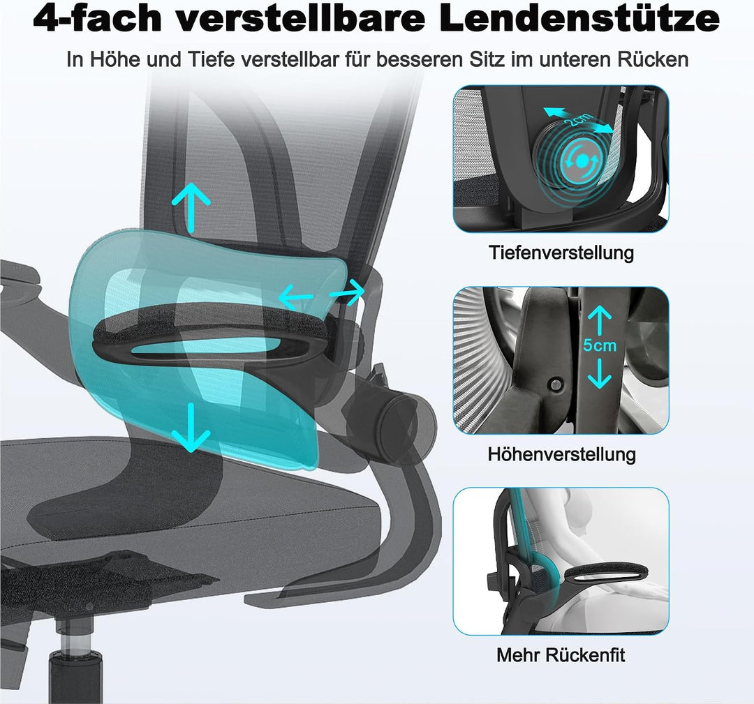 Ergonomischer Bürostuhl – Verstellbare Kopfstütze, Armlehnen &amp; Lordosenstütze, 360°-Drehfunktion, 15