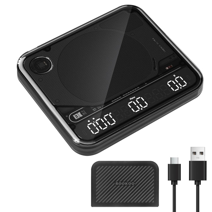BOOKOO Kaffeewaage mit Timer, 0,1 g hochpräzise Espresso Waage, 2 kg, 4 Modi, Bluetooth-App & Flow R