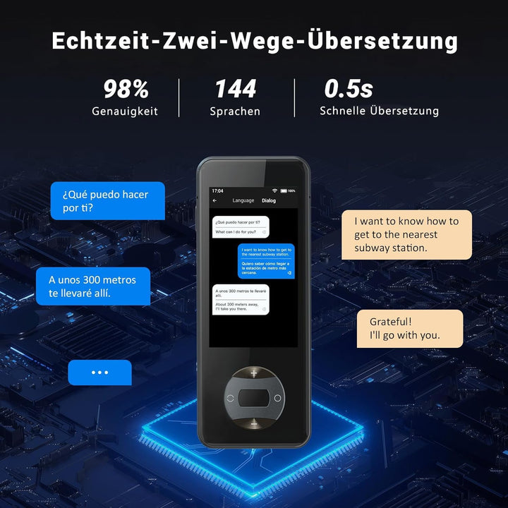 W10 KI Sprachübersetzer Ohne Internet, Echtzeit Voice Translator 144 Sprachen & Akzente, 16 Sprachen