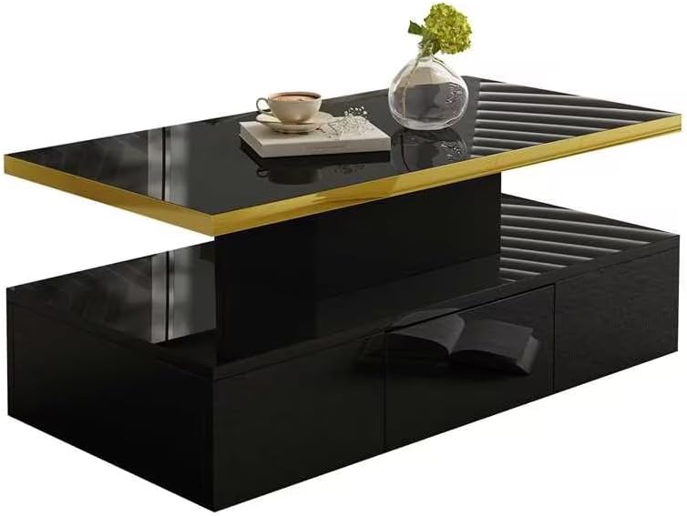 Merax LED Couchtisch Wohnzimmertisch mit Schubladen Hochglanz, Modern Beistelltisch Kaffeetisch mit