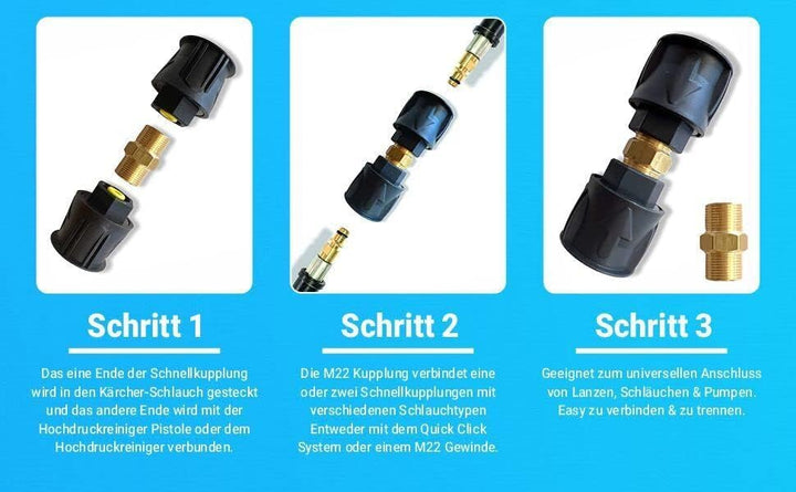 2x Adapter-Set für Hochdruckreiniger, passend für Quick Connect Anschlüsse – M22 Aussengewinde & Kun