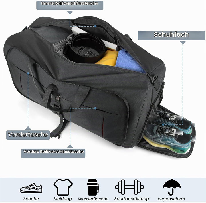 NUBILY Faltbare Reisetasche Gross 65L Sporttasche Herren Damen mit Schuhfach Leichter Reisetaschen W