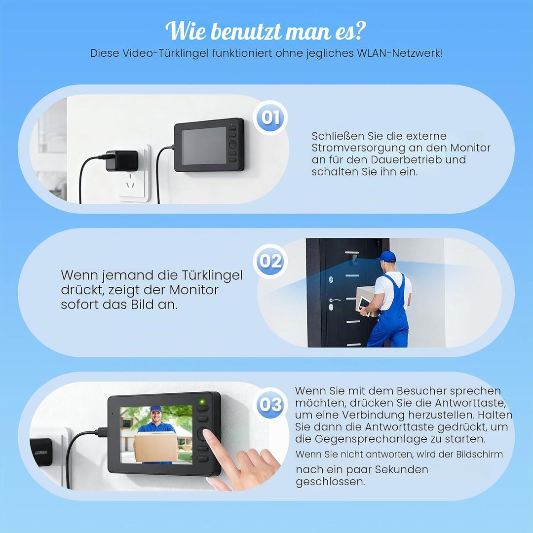 Kabellose Türklingel mit Kamera, wasserdicht, Video-Türklingel, kabellos, 1080P HD IPS 4,3 Zoll, bid