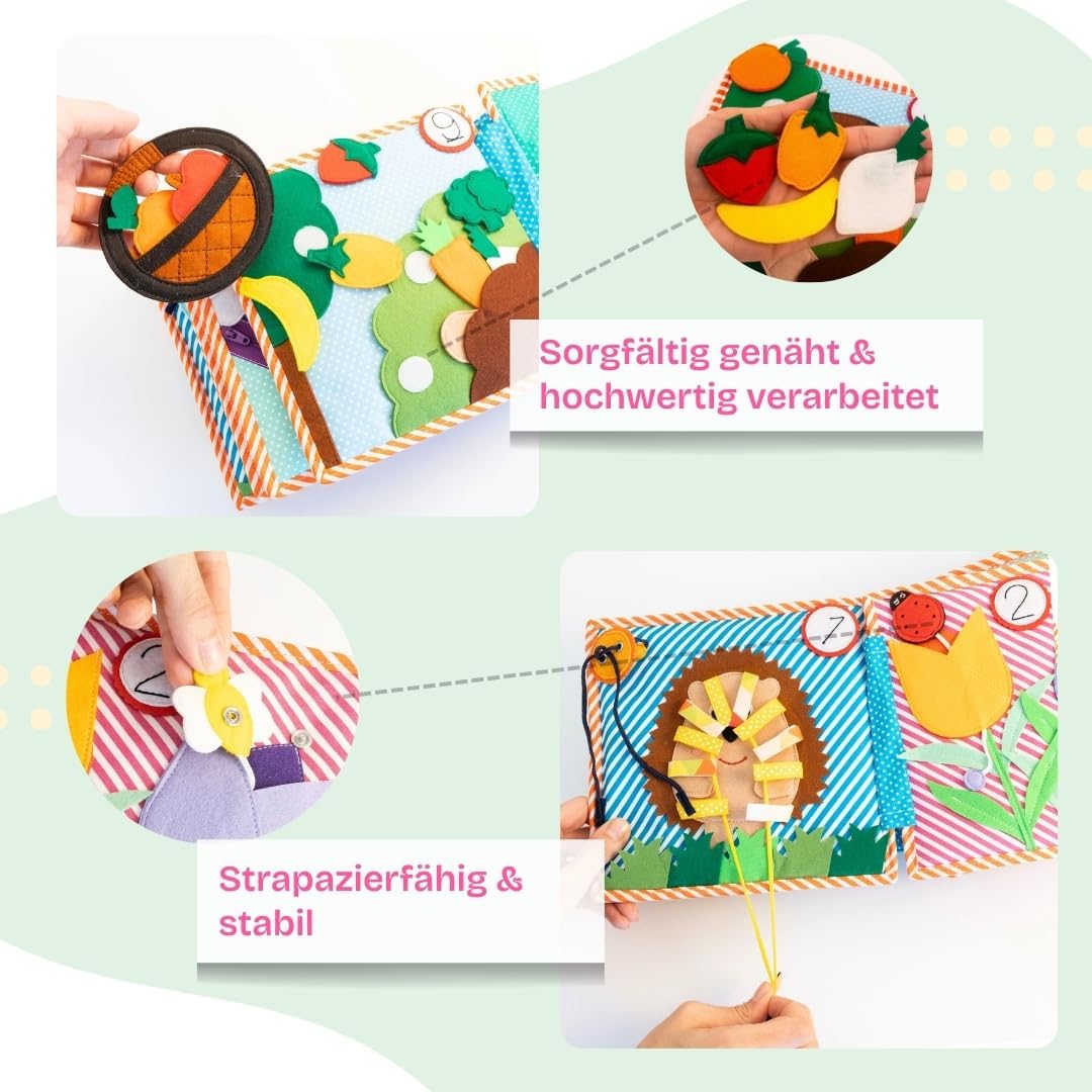 Jolly Designs – 1,2,3 – 10 Seiten Premium - Quiet Book – Montessori Spielzeug ab 3 Jahren – Motorik