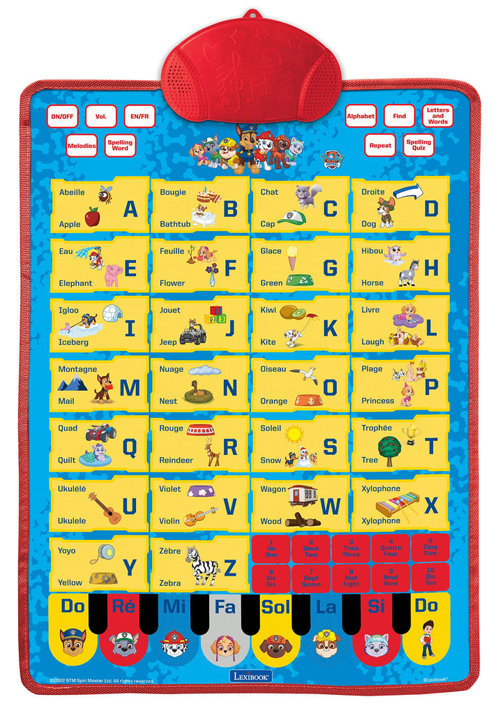 Ein lehrreiches Poster, das zweisprachig spricht, fr/en, um das Alphabet, das Wortschatz und die Rec