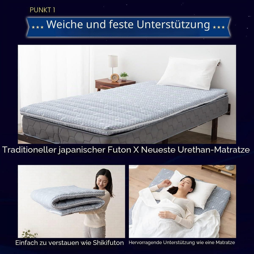 EMOOR Faltbare Hybrid-Futon-Matratze, Hoch-Resilien-Urethan, 150 N (Mittelfest), Mit Waschbarem, Gep