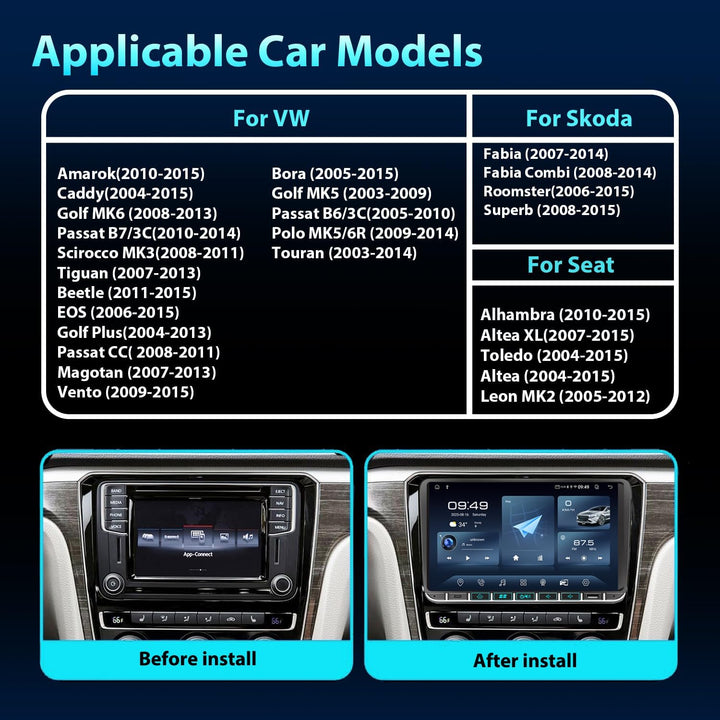 Android Autoradio Bluetooth mit Bildschirm(9”) für VW Golf 5 6 T5 Polo 6r Caddy Passat Touran Seat,