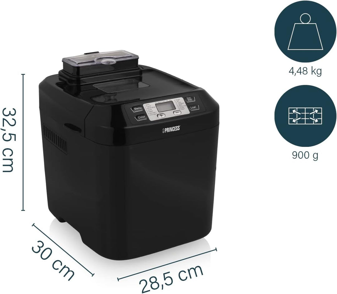 Princess Brotbackautomat - Kapazität für 900 g, 550 Watt, 15 Programme, Zutatenspender, Digitaler Ti