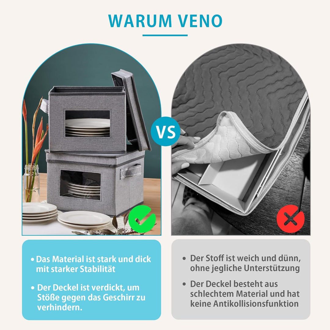VENO 4 Grössen Geschirr-Aufbewahrungsbox mit Deckel und Griffen, Verpackungsmaterial für Teller, Umz