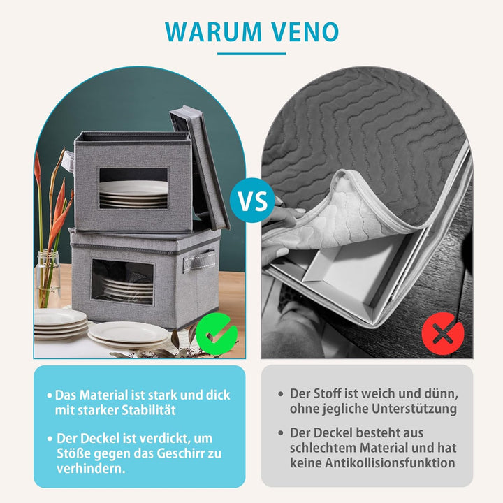VENO 4 Grössen Geschirr-Aufbewahrungsbox mit Deckel und Griffen, Verpackungsmaterial für Teller, Umz