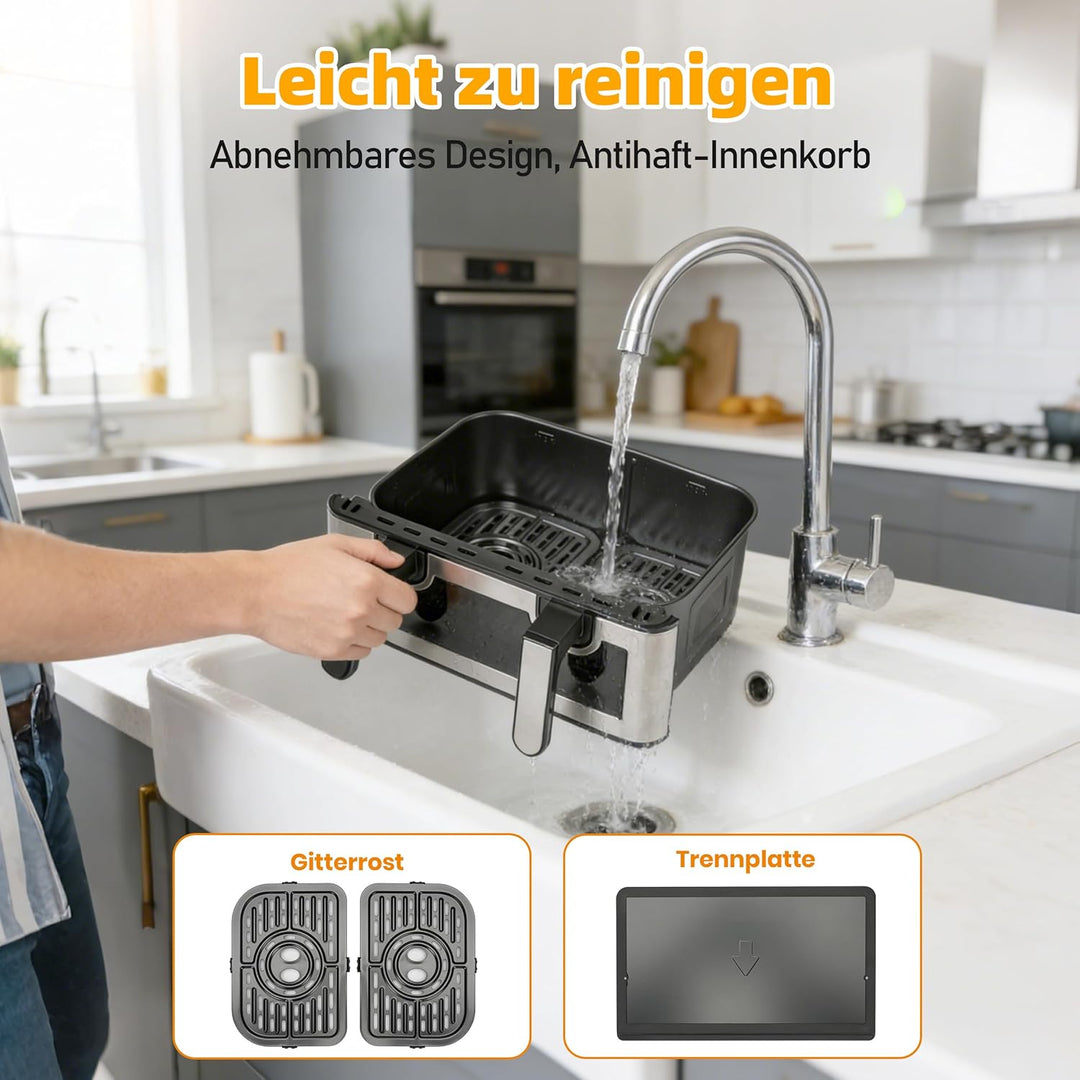 Air Fryer 9L 2000 W, Heissluftfritteuse 2 Kammern mit kühlem Griff | Digitaler Touchscreen, Sichtfen