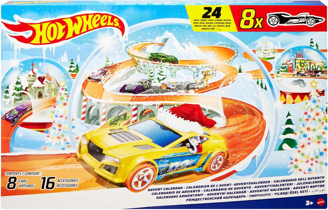 Hot Wheels Spielzeugautos, Adventskalender 2024, 8 Hot Wheels Autos im Massstab 1:64, hinter 24 numm