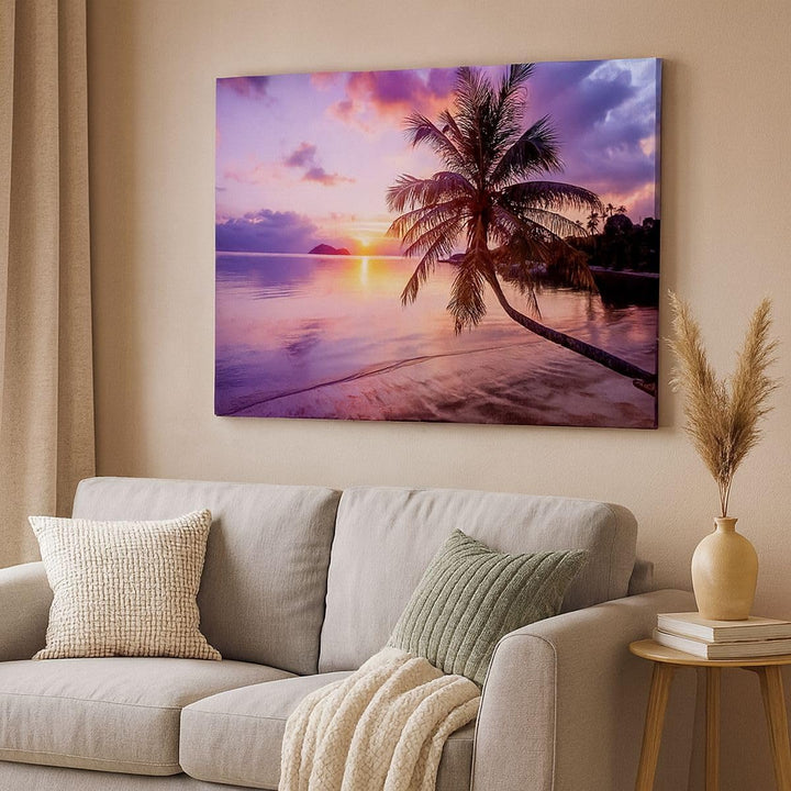 Bilder auf Leinwand 100x70cm Leinwandbild mit Rahmen Strand Meer Palme Gross Wanddeko Bild Schlafzim
