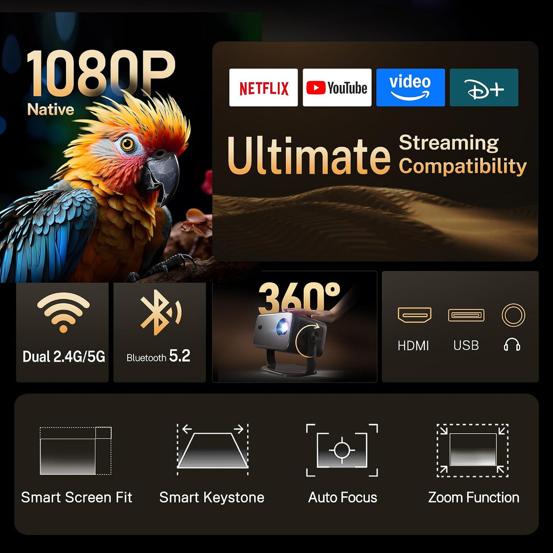 4K Unterstützung Smart Beamer HiFi Audio/KI-Sprachsteuerung/HDR10+/800 ANSI | Native 1080P FHD Heimk
