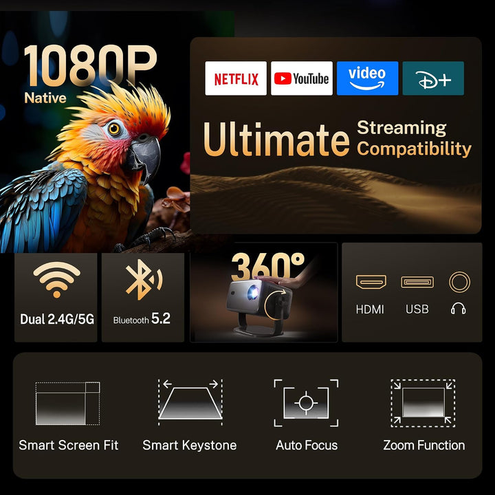 4K Unterstützung Smart Beamer HiFi Audio/KI-Sprachsteuerung/HDR10+/800 ANSI | Native 1080P FHD Heimk