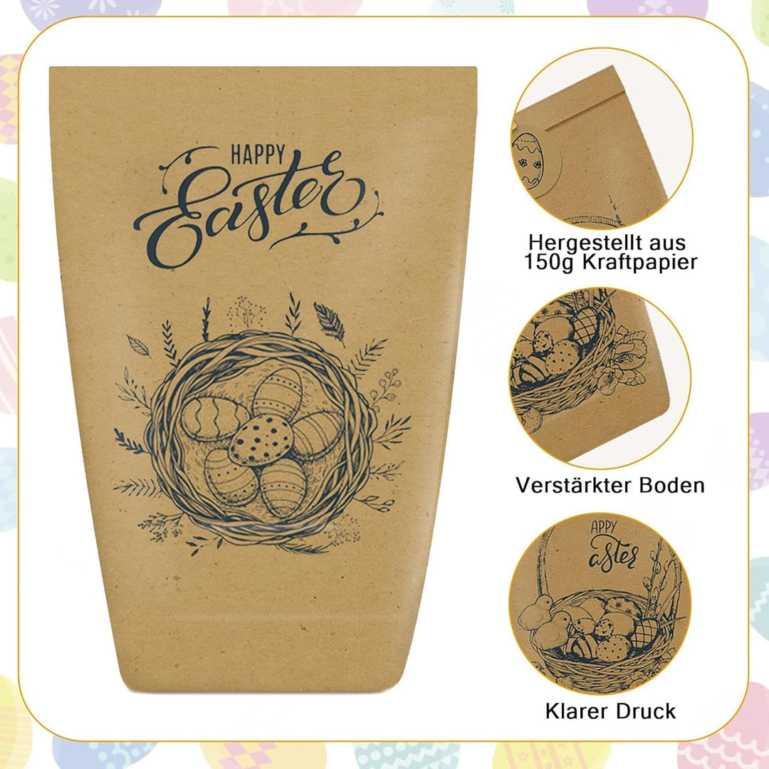 12 Stück Geschenktüten Ostern, Schwarz bedruckte Papiertüten mit Osterhasen, Papiertüten Ostern Oste