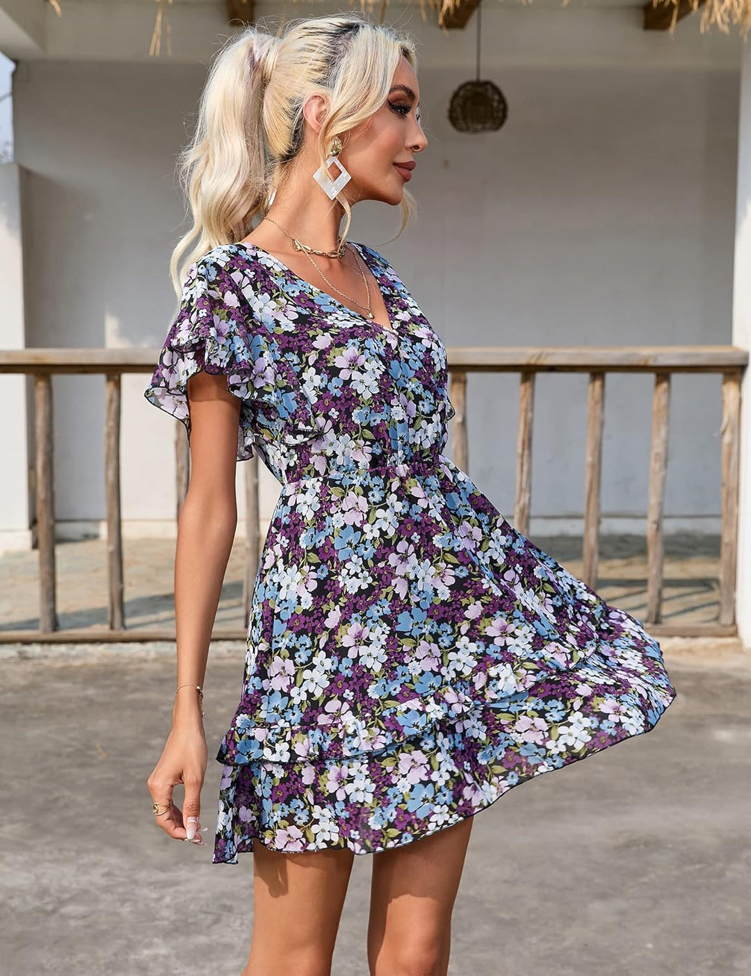 KOJOOIN Damen Sommerkleider Kurzarm Elegant V-Ausschnitt Boho Kleid Chiffon Blumenkleid Mini Kleid R