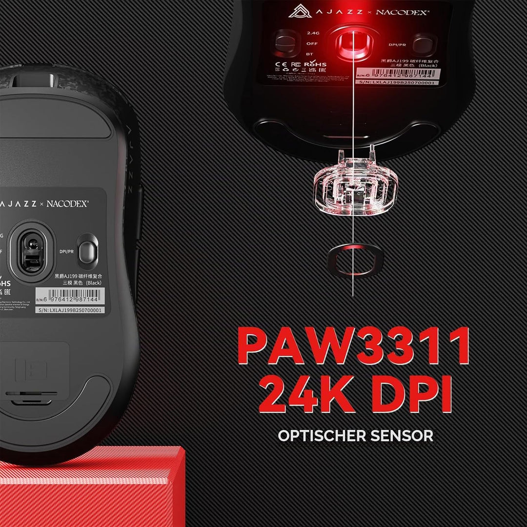 A.JAZZ AJ199 Carbonfaser-Gaming-Maus, Kabellos 2,4G/BT/USB-C Tri-Mode, Ultraleicht 55g, Optischer Pi