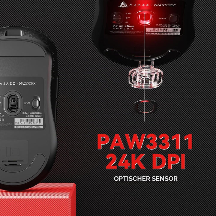 A.JAZZ AJ199 Carbonfaser-Gaming-Maus, Kabellos 2,4G/BT/USB-C Tri-Mode, Ultraleicht 55g, Optischer Pi