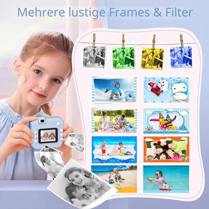 Kinderkamera Sofortbildkamera,1080P HD-Sofortkamera für Kinder mit 32 GB-Karte und 3 Rollen Fotopapi
