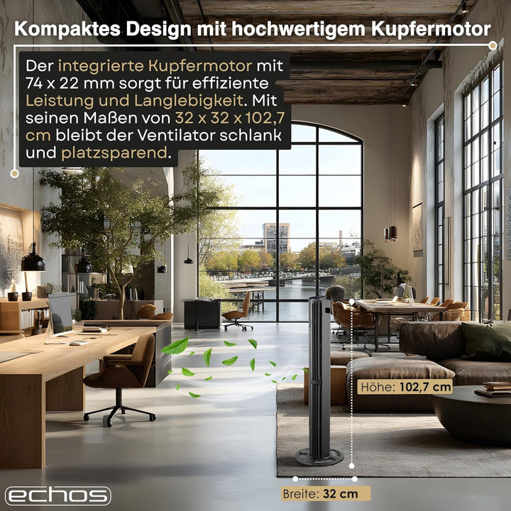 Echos® Turmventilator Leise mit Fernbedienung & Kühlung 75W – Standventilator mit 6 Geschwindigkeite