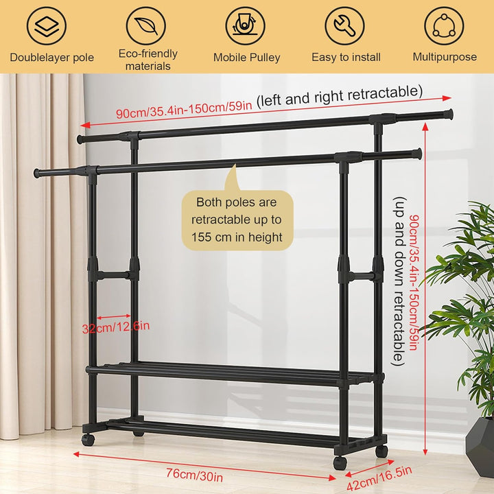 Freistehender Doppelruten Kleiderbügel, 150*150*75cm Ausziehbar Kleiderständer auf Rollen Multifunkt