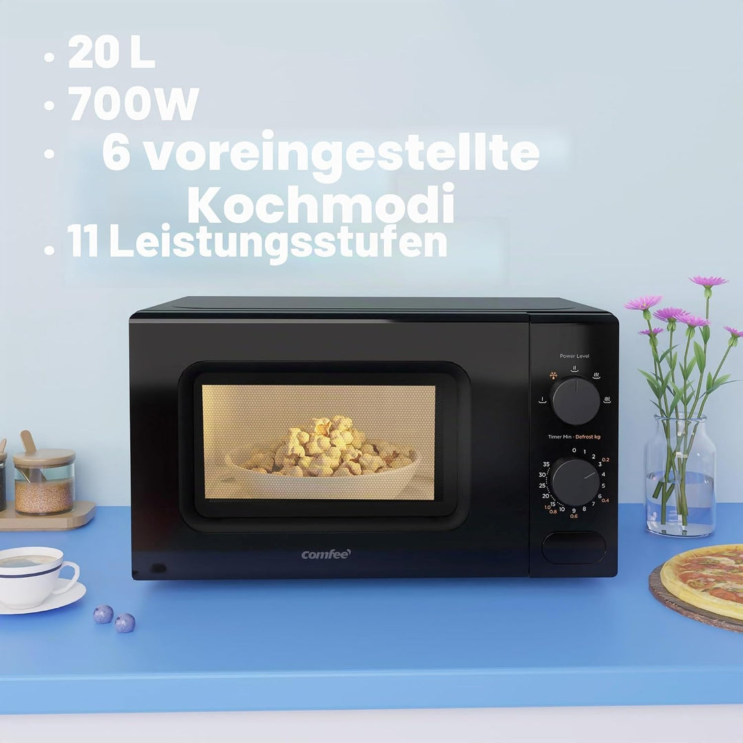 COMFEE' Mikrowelle, Schwarz, 20 Liter, 700 W, 5 Leistungsstufen, Schnellauftaufunktion, manueller Ti