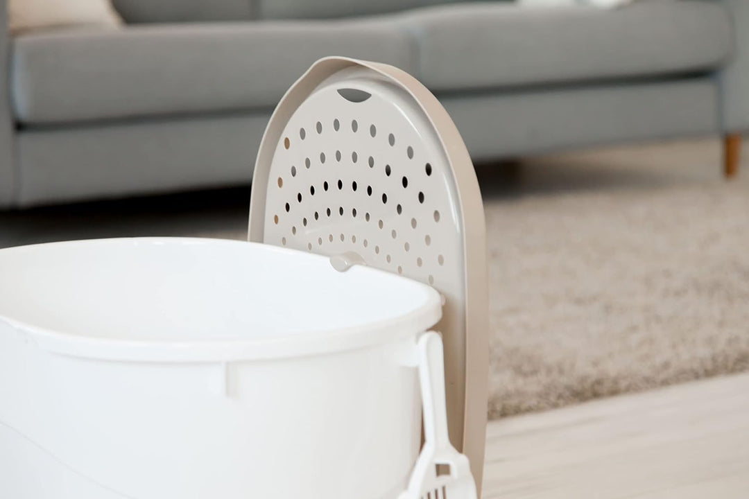 Iris Ohyama Katzenklo mit Schaufel, bis 7 kg, Weiss/Beige, mit Deckel, Katzentoilette, leicht reinig
