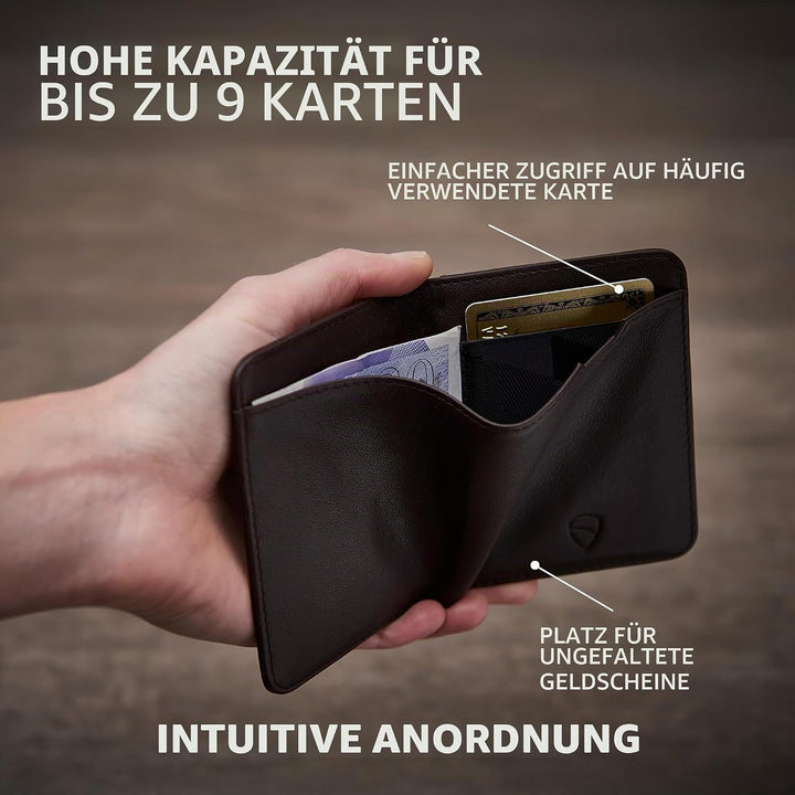 Vaultskin City Herren Ledergeldbörse mit RFID Blocker für Karten. Flaches Kartenetui für bis zu 9 EC