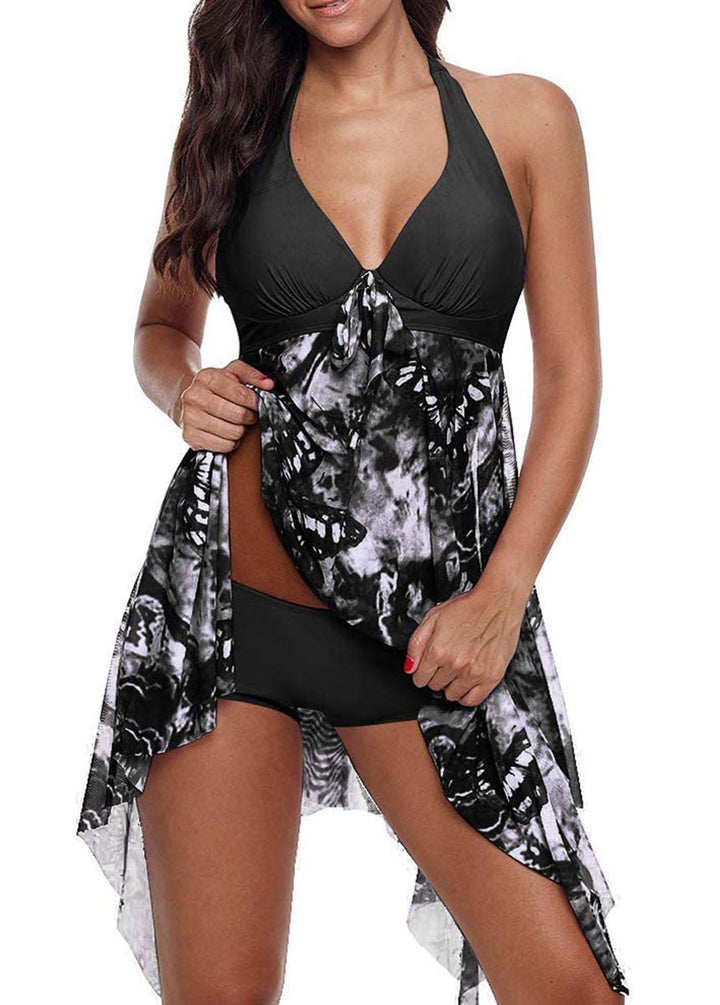 Tankini Damen Bauchweg Grosse Grössen mit Short Badeanzug Blumendruck Push up Beachwear Swim Kleid E