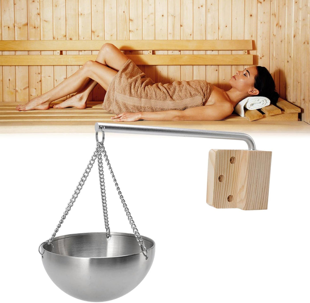 Hapvida Saunaschale, hängender Aromatherapie-Ölbecher aus Edelstahl mit Holzblock für Saunaraum, Aro