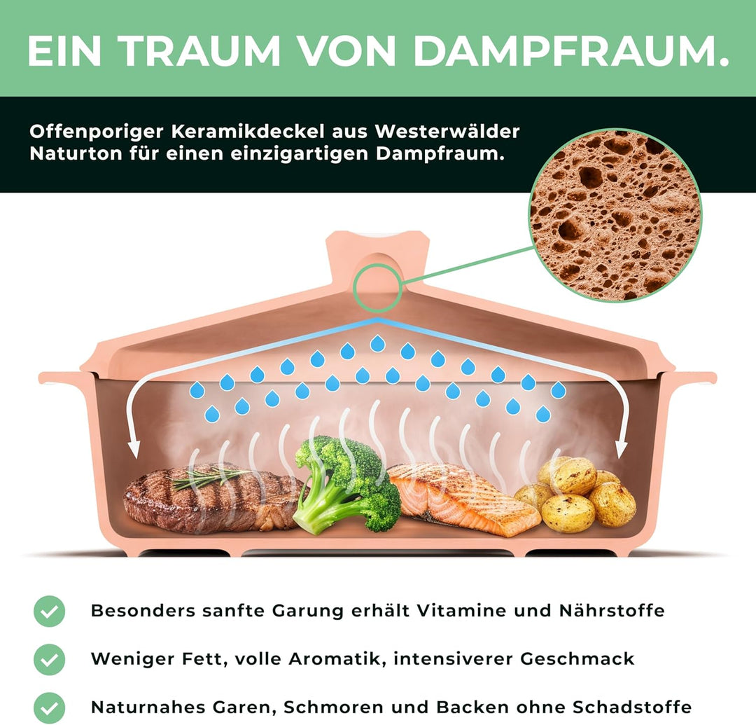 myromy® Bräter, Schmortopf &amp; Brotbackform aus Keramik Natur-Ton: Bratentopf, Dampfgarer &amp; Backform,