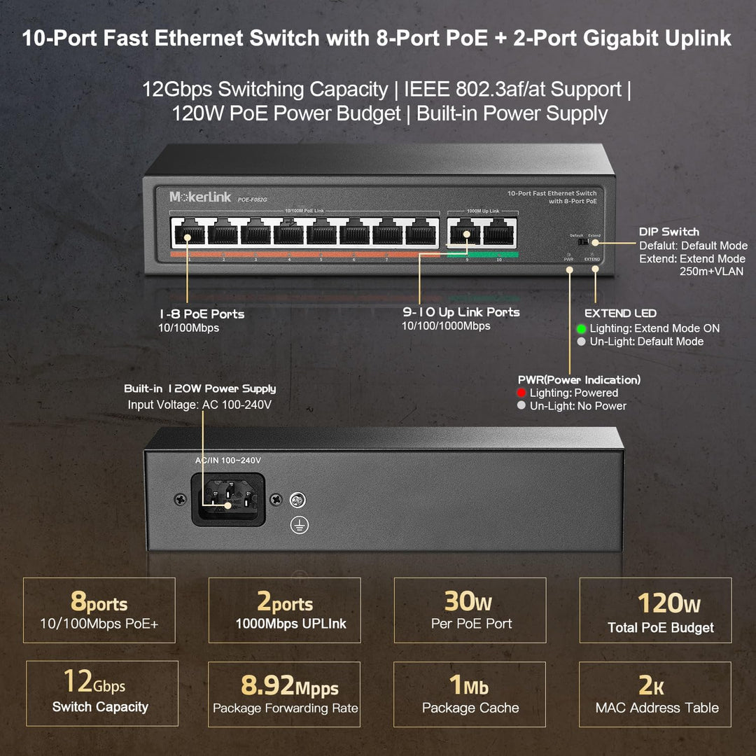 MokerLink 8 Port PoE Switch mit 2 Gigabit Uplink Port, PoE Plus 802.3af/at, 120W eingebauter Leistun