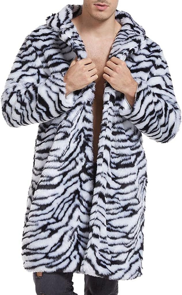 Celucke Pelzmantel Herren Lang Kunstpelz Mantel Leopard Strickjacke Reverskragen Winterjacke Warme V