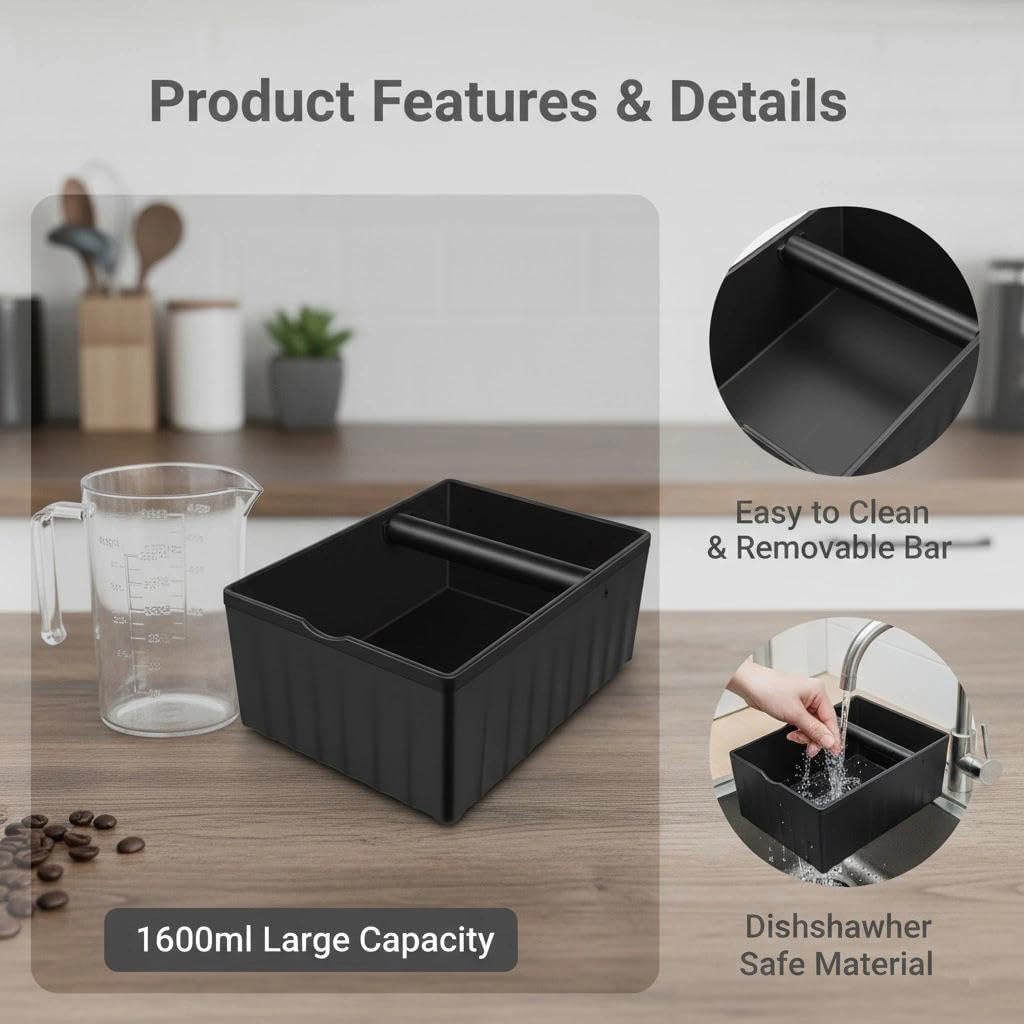 Premium Quadratische Espresso Knock Box ABS Abklopfbehälter mit stossdämpfender Klopfstange & Gummib
