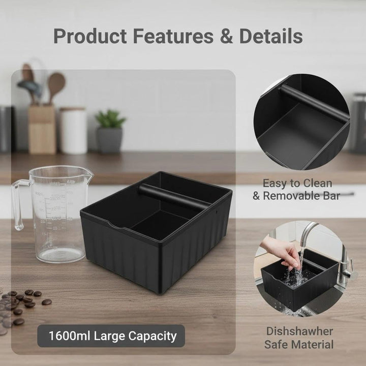 Premium Quadratische Espresso Knock Box ABS Abklopfbehälter mit stossdämpfender Klopfstange & Gummib