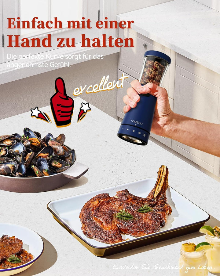 Salz und Pfeffermühlen elektrisch 2er Set aus Edelstahl (Wiederaufladbar, LED Beleuchtung, mit einst
