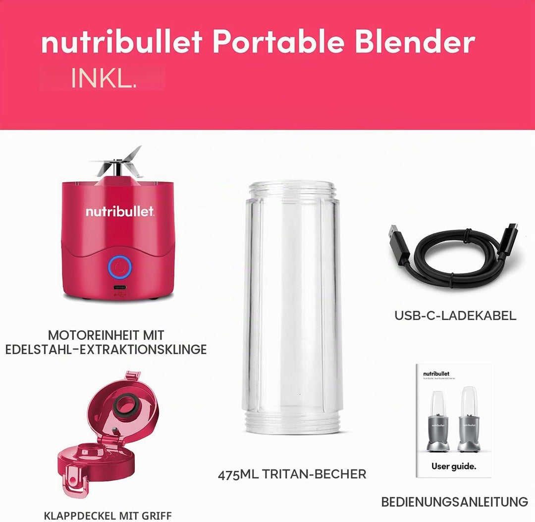 nutribullet Tragbarer Mixer in Magenta – leistungsstarke Extraktorklinge, 475-ml-Tasse, To-Go-Deckel