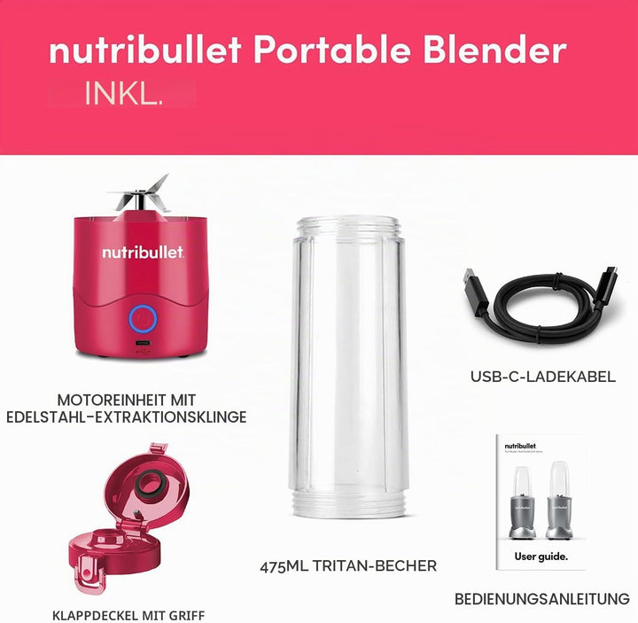 nutribullet Tragbarer Mixer in Magenta – leistungsstarke Extraktorklinge, 475-ml-Tasse, To-Go-Deckel